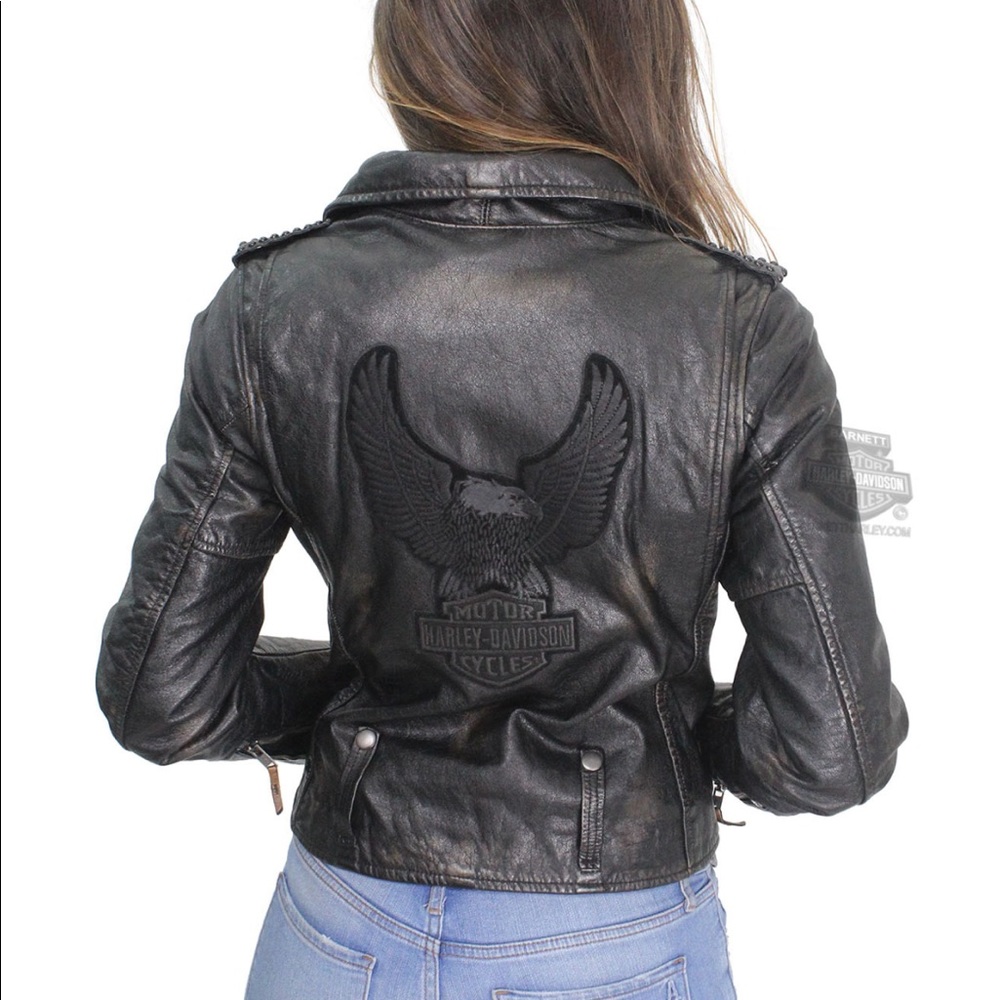 Harley-Davidson Black on Black Leather Jacket with Embossed Eagle Back